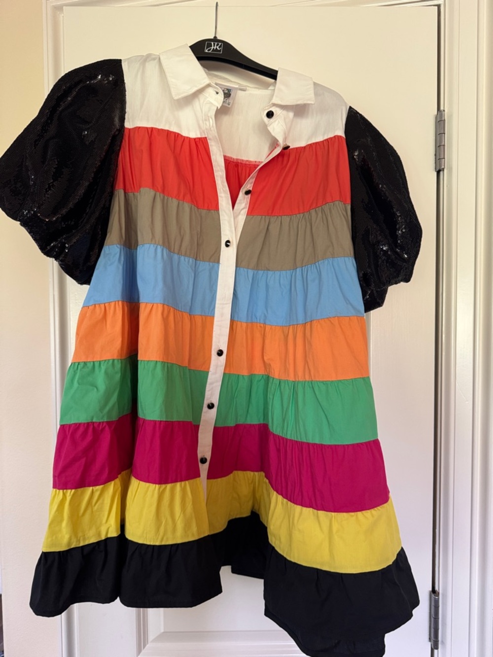 QUEEN OF SPARKLES Multicolor Striped Puff-Sleeve Dress with Black Sequin Sleeves